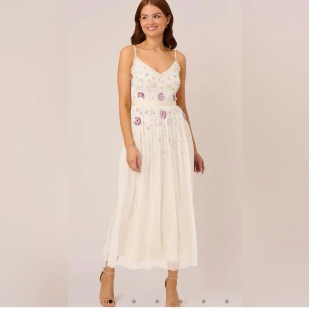 Adrianna Papell Women's Embellished Ruffled V-Neck Gown Dress Size 16 - Picture 6 of 10